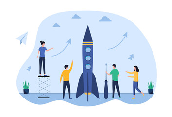 Business boost concept. Young employees are launching a new field of activity. Promotion on a career ladder, success, achievement of the goal. Flat vector illustration isolated on white background.