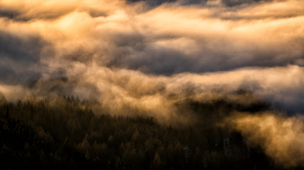 Splendid sunrise in the Carpathian Mountains. Bieszczady National Park. Poland.