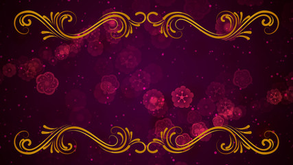 Artistic Red Purple Flower Shapes Pattern With Glitter Dust Background With Golden Vine Flourish Decorative Frame Ornaments