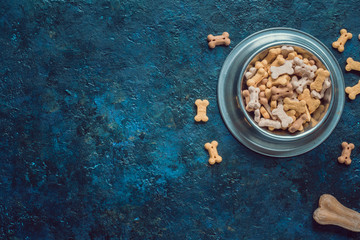 dry dog food in bowl on blue background top view