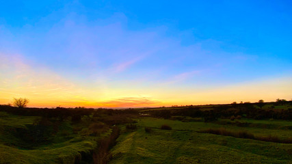 Panoramic view across Bodmin Moor, Cornwall, UK winter sunset