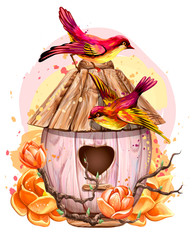Birdhouse with flowers and birds. Wall sticker. Artistic, color, hand-drawn image of a birdhouse with birds and flowers in watercolor style on a white background.