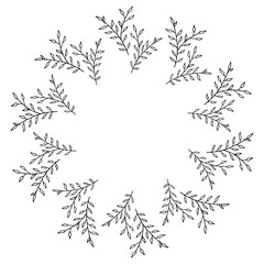 Round frame of black and white branches ornament. Isolated frame on white background for your design.