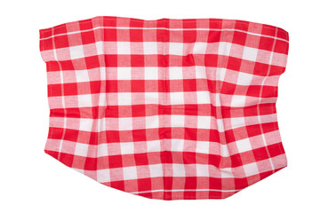 Closeup of a red and white checkered napkin or tablecloth texture isolated on white background. Kitchen accessories.