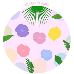 Hello spring - abstract flowers and leaves - round icon - isolated on white background - vector.