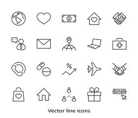 International Day for the Poor Vector Line Icons Set. Contains such Icons as Heart, planet Earth, Handshake, money, Donate, Medicines, Plane and more. Editable Stroke. 32x32 Pixels