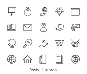 Wikipedia's birthday Set Line Vector Icon. Contains such Icons as Wikipedia, Open Book, Teacher, Blackboard, Pointer, Web Globe, Directory, Search, Lamp, Calendar. Editable Stroke. 32x32 Pixels