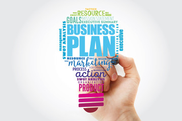 Business plan light bulb word cloud collage, business concept background