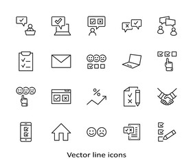 Set of Survey Related Vector Line Icons. Contains such Icons as Smile, Sad, Review, Click, Check, Customer Opinion, Web Survey and more. Editable Stroke. 32x32 Pixels
