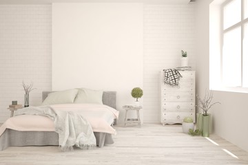 Stylish bedroom in white color. Scandinavian interior design. 3D illustration
