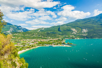 Aerial view at Linfano and Torbole village at lake Garda, Italy. on a beautiful summer day