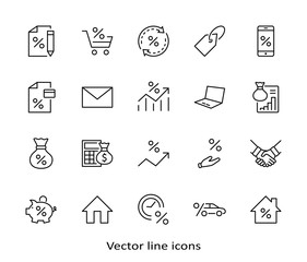 Set of Credit and Loan Related Vector Line Icons. Contains such Icons as Credit Card, Rate Calculator, Deposit and more. Editable Stroke. 32x32 Pixels