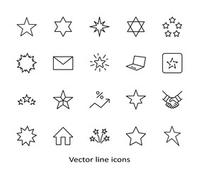 Set of Stars Vector Line Icons. Contains such Icons as Starry night, falling star, firework, twinkle, glow, glitter burst and more. Outline signs for glossy material. Editable Stroke. 32x32 Pixels.