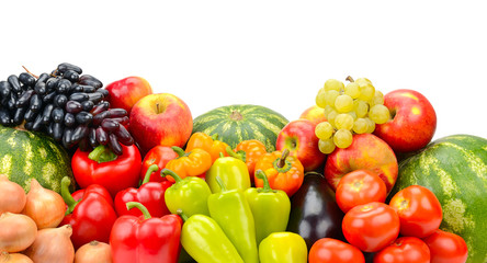 Different multi-colored healthy fruits and vegetables isolated on white