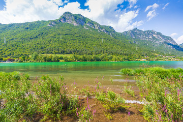 Naklejka na ściany i meble Summer at lake Idro Italy. Nature landscape for adventure, hiking and recreational tourism.