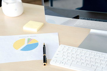 Office desk with monitors keyboards and the different graphs on paper.