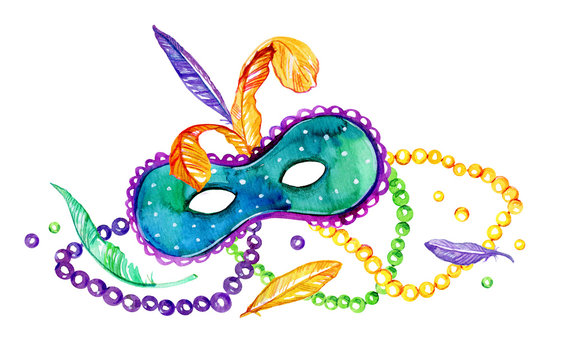 Composition for Mardi Gras. Group of traditional objects. Mask, beads and feathers. Hand drawn watercolor illustration