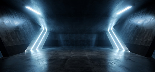 Sci Fi Futuristic spaceship Neon Glowing Pantone Blue Line Lights Warehouse Garage Hallway Car Showcase Concrete Grunge  Reflection Cyber 3D Rendering