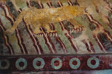 Teotihuacan, Mexico -May 2019 Inside the buildings there were many wall paintings, Through them we can study and know not only the Teotihuacan pantheon but the customs of its people, commerce and wars