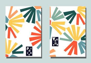 Cover with graphic elements - abstract shapes. Two modern vector flyers in puzzle  style. Geometric wallpaper for business brochure, cover design.