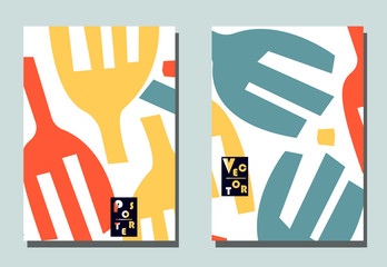 Cover with graphic elements - abstract shapes. Two modern vector flyers in puzzle  style. Geometric wallpaper for business brochure, cover design.