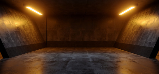 Fototapeta premium Cement Dark Grunge Orange White Glowing Led Parking Underground Car Warehouse Garage Studio Rough Modern Reflective Spaceship Tunnel Corridor Showcase 3D Rendering