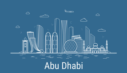Abu Dhabi city line art Vector illustration with all famous buildings. Cityscape. - obrazy, fototapety, plakaty