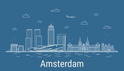 Fototapeta premium Amsterdam city, Line Art Vector illustration with all famous towers. Linear Banner with Showplace. Composition of Modern buildings, Cityscape. Amsterdam buildings set.