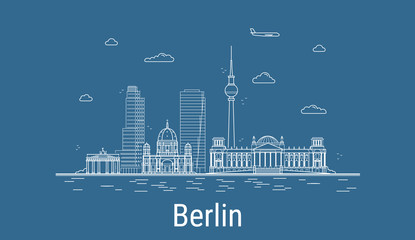 Naklejka premium Berlin city, Line Art Vector illustration with all famous buildings. Linear Banner with Showplace. Composition of Modern cityscape. Berlin buildings set.