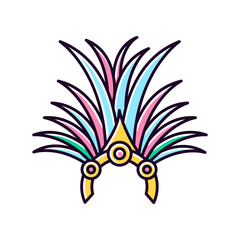 Obraz premium Brazilian carnival headwear yellow RGB color icon. Crown with palm leaves and jewels. Traditional wear. Ethnic festival. National holiday. Masquerade parade. Isolated vector illustration