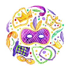 Round composition for Mardi Gras. Masks, hat, crowns, beads and feathers. Hand drawn watercolor illustration