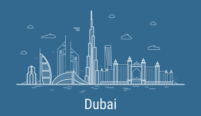 Dubai city line art Vector illustration with all famous towers. Cityscape.