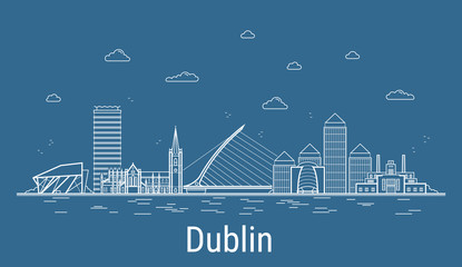 Naklejka premium Dublin city, Line Art Vector illustration with all famous towers. Linear Banner with Showplace. Composition of Modern buildings, Cityscape. Dublin buildings set.