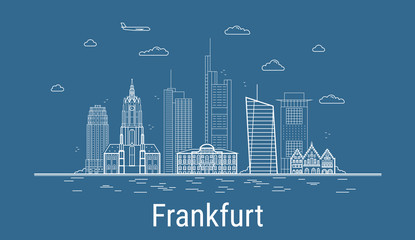 Frankfurt city, Line Art Vector illustration with all famous buildings. Linear Banner with Showplace. Composition of Modern cityscape. Frankfurt buildings set. - obrazy, fototapety, plakaty