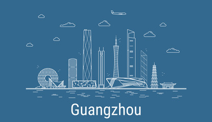 Naklejka premium Guangzhou city, Line Art Vector illustration with all famous buildings. Linear Banner with Showplace. Composition of Modern cityscape. Guangzhou buildings set.