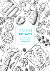 Italian food top view. A set of Italian Antipasti. Food menu design template. Vintage hand drawn sketch vector illustration. Engraved image