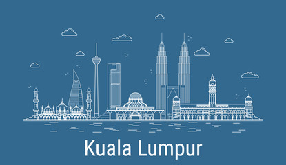 Naklejka premium Kuala Lumpur city, Line Art Vector illustration with all famous towers. Linear Banner with Showplace, Skyscrapers and hotels. Composition of Modern buildings, Cityscape. Kuala Lumpur buildings set.