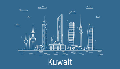 Kuwait city, Line Art Vector illustration with all famous buildings. Linear Banner with Showplace. Composition of Modern buildings, Cityscape. Kuwait buildings set.