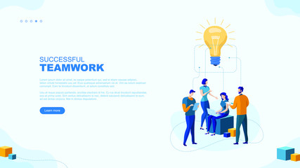 Fototapeta na wymiar Trendy flat illustration. Successful teamwork page concept. Office workers planing business mechanism, analyze business strategy and exchange ideas.Template for your design works. Vector graphics.