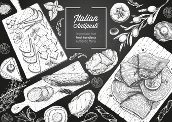 Italian food top view. A set of Italian Antipasti. Food menu design template. Vintage hand drawn sketch vector illustration. Engraved image