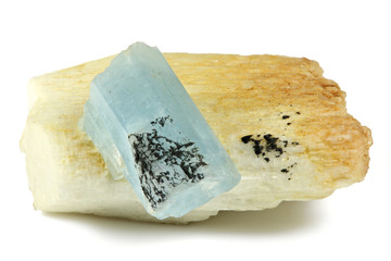 aquamarine with black tourmaline on feldspar from Erongo Region, Namibia isolated on white background