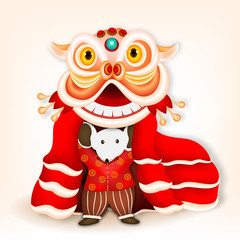 Chinese New Year Lion Dance with chinese rat isolated on light background.