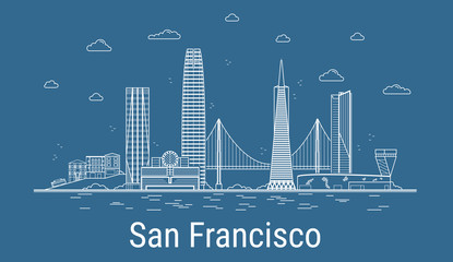 Naklejka premium San Francisco city, Line Art Vector illustration with all famous towers. Linear Banner with Showplace. Composition of Modern buildings, Cityscape. San Francisco buildings set.