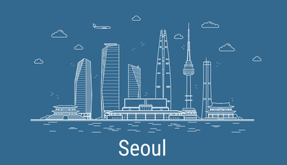 Naklejka premium Seoul city, Line Art Vector illustration with all famous towers. Linear Banner with Showplace. Composition of Modern buildings, Cityscape. Seoul buildings set.