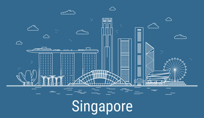 Singapore city line art Vector illustration with all famous buildings. Cityscape.