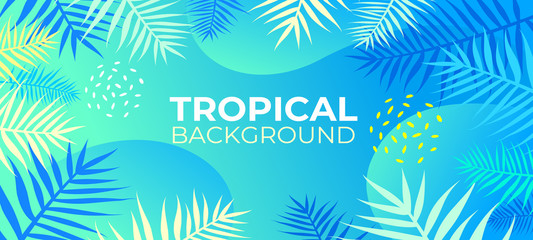 Fototapeta na wymiar Neon tropical fluid background with jungle plants. Vector exotic horizontal banner with tropic palm leaves frame. Poster with copyspace. Trendy fluid style and neon colors. Summer sale, ad design.