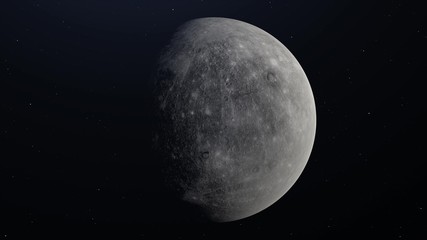 Planet Mercury in Space drifting away, stars in background. 3d rendering