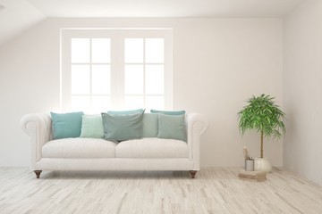 Stylish room in white color with sofa. Scandinavian interior design. 3D illustration