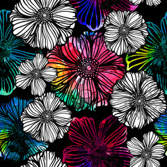 A seamless backdrop of multicolored flowers. Mixed media. Vector illustration
