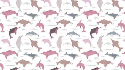 River dolphins seamless pattern. Marine mammals collection. Cartoon flat style design
